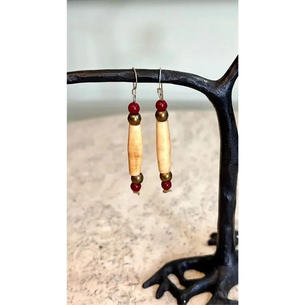 Womens‎ Brown Wooden Pipe Style Vintage Hook Earrings